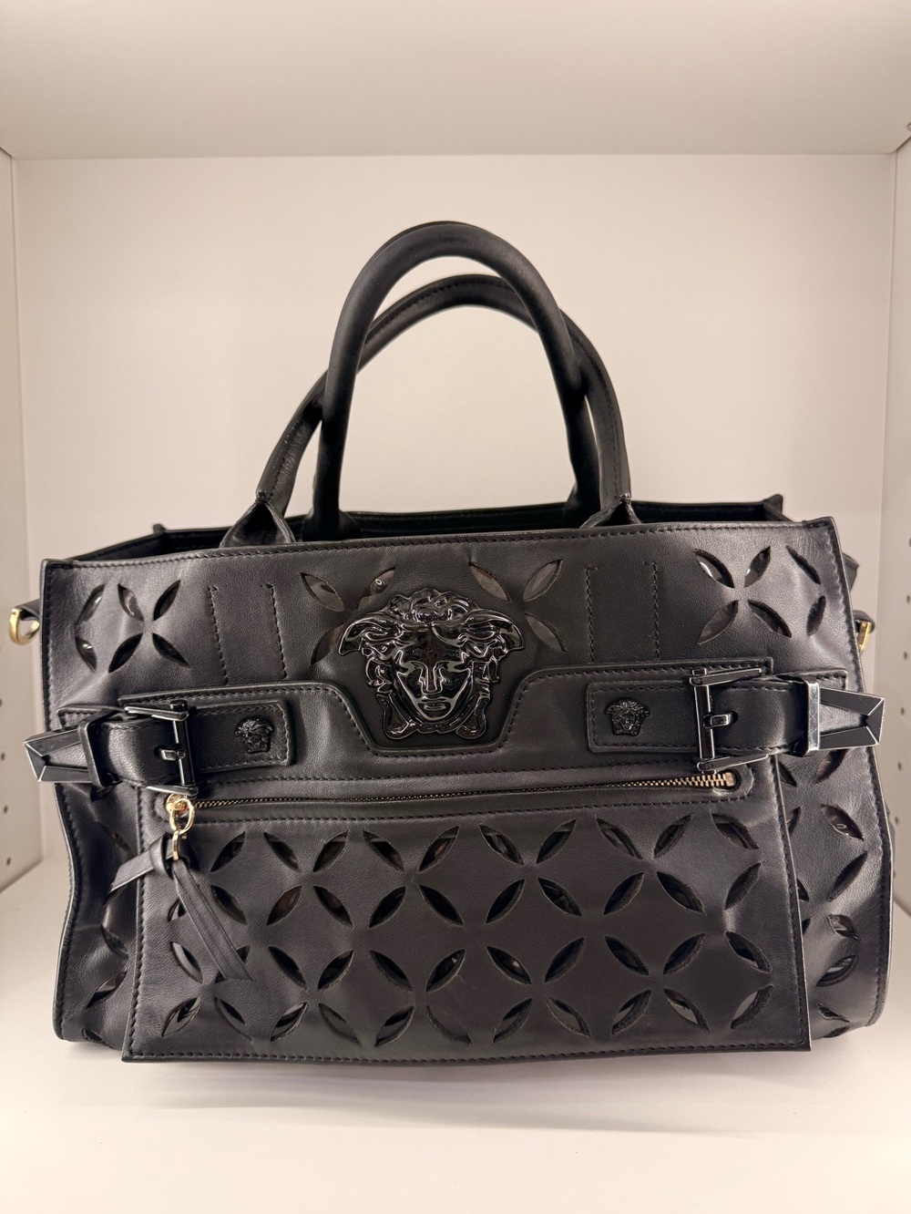 Pre Owned Versace Palazzo Perforated Leather Tote w/ Medusa Hardware